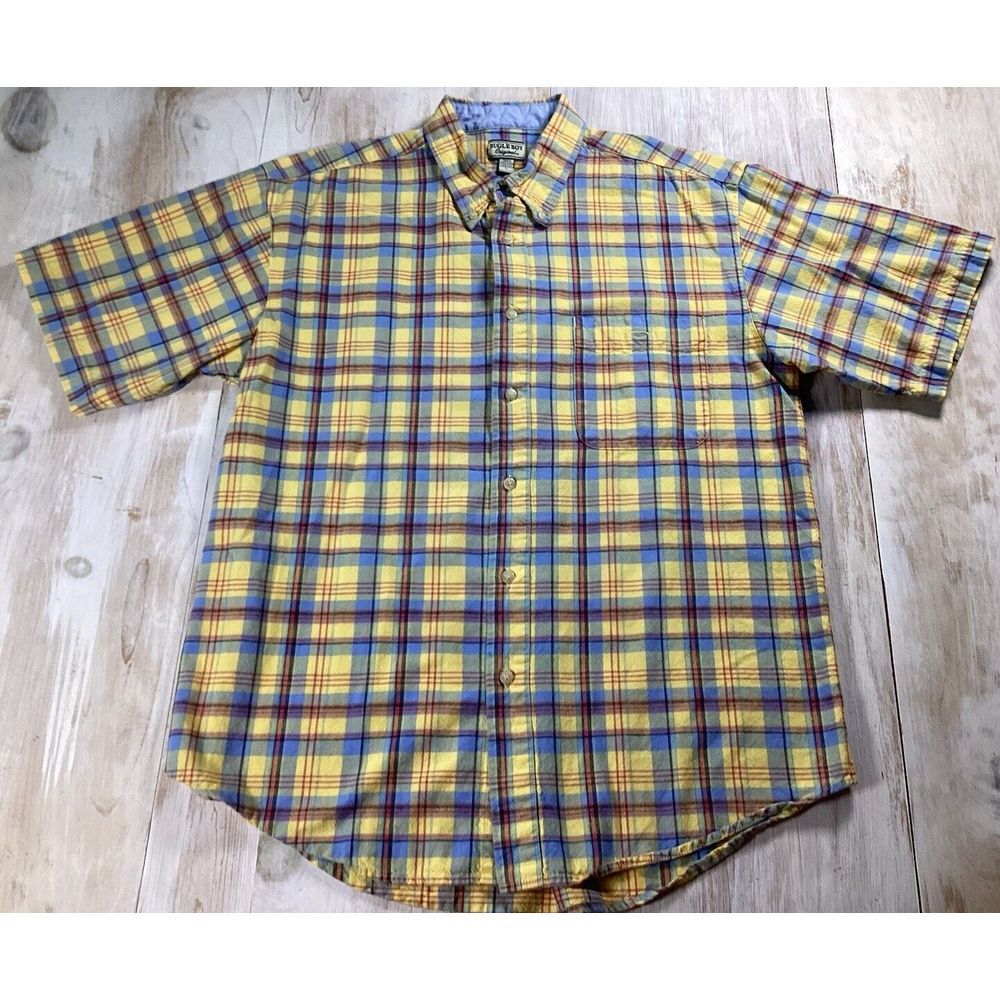 Vintage Bugle Boy Yellow Blue Red Plaid Short Sleeve Button‎ Down Mens Large